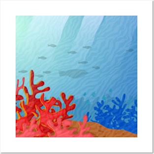 Ocean Underwater Waves Scene with Coral and Fish Posters and Art